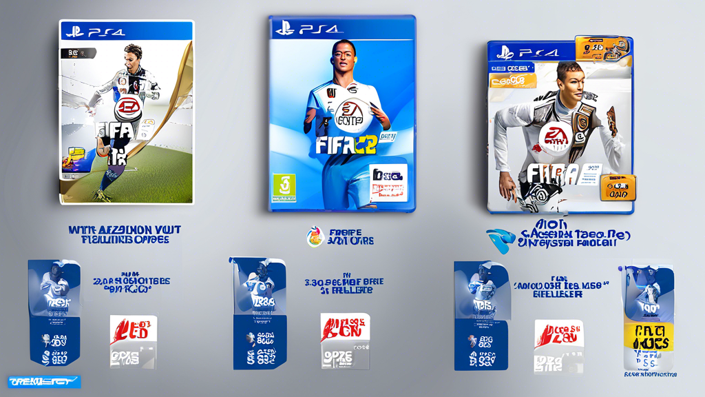 Create an image showing a side-by-side comparison of the FIFA 23 PS4 prices across three major retailers (Amazon, GameStop, Best Buy). Include labels and price tags for both physical and digital copies. Additionally, feature shopping icons and discount tags to highlight tips for finding the best deals. Use a clean and organized layout with clear branding for each retailer.