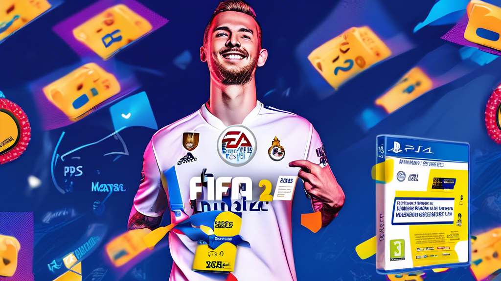 An image of a happy gamer holding a FIFA 23 PS4 game case, surrounded by promotional codes, seasonal sale banners, and secondhand/refurbished game boxes. The background shows a computer screen with various membership program icons and reward points prominently displayed. Keywords 