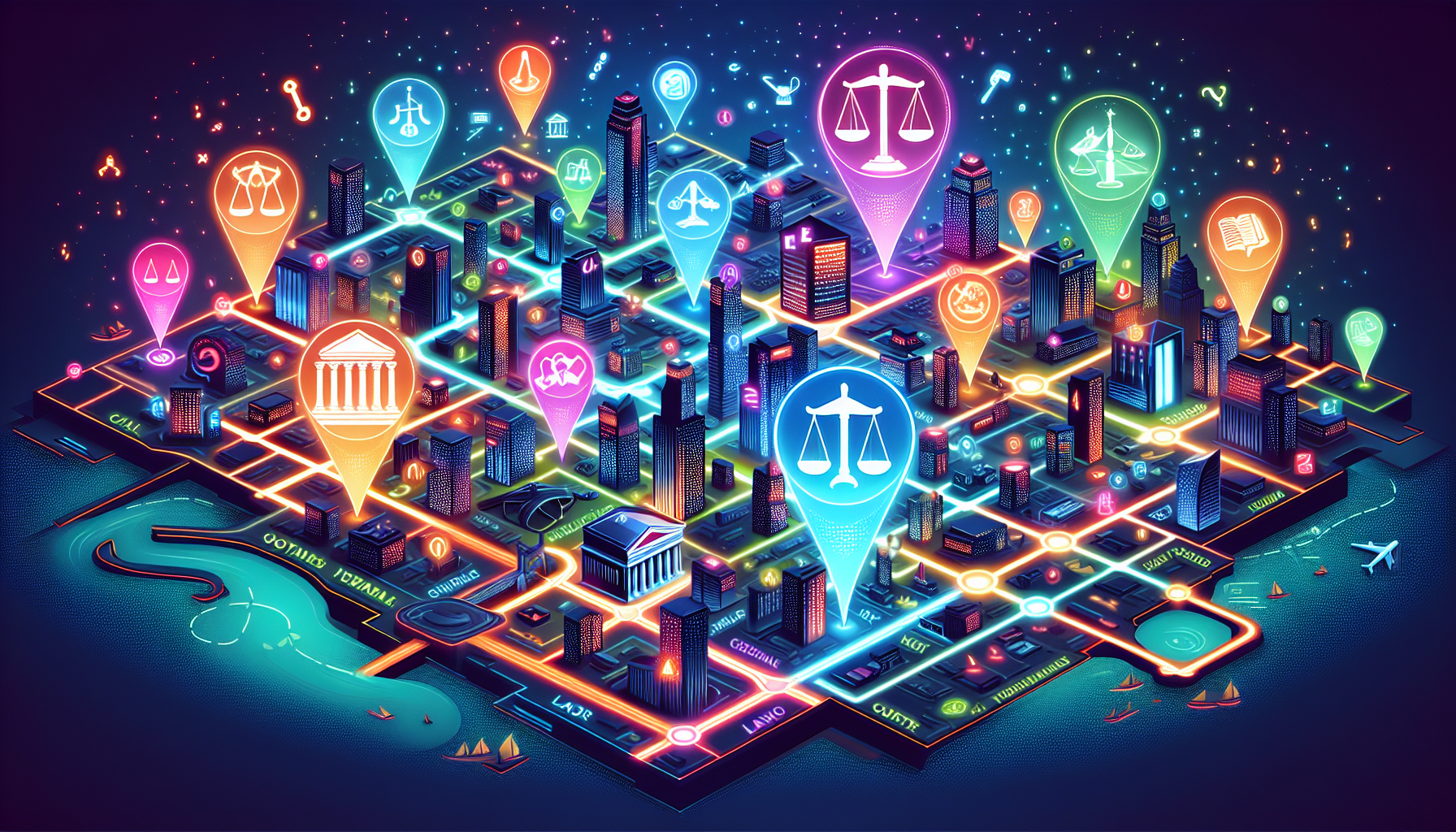An illustration of a detailed map pinpointing various motorcycle accident law firms in a bustling city landscape, highlighting specific locations with glowing icons. Each firm symbolized by a miniature courthouse or legal scale icon. The background shows diverse roads and freeways, subtly emphasizing the local expertise and geographic familiarity of each firm with annotations regarding their successful case outcomes, expert testimonies, and client testimonials floating above each location. Include visible elements representing state law books and legal documents to emphasize state law familiarity.