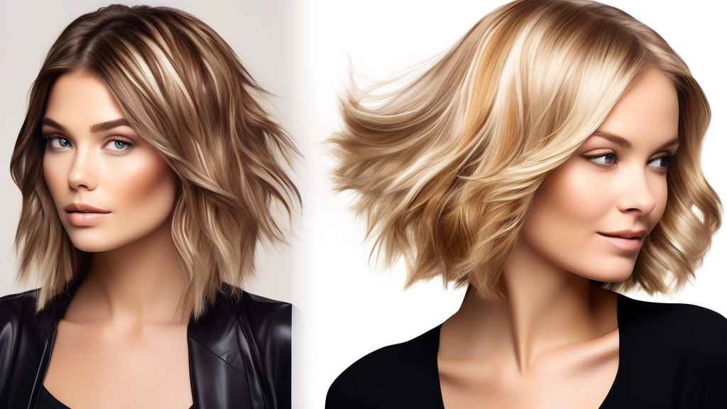 A woman with short brown hair featuring blonde foils, showcasing a variety of blonde shades from ash to caramel. The image highlights her vibrant and trendy hairstyle, perfect for various skin tones and personal styles. Display a comparison chart of different blonde shades with samples and their effects on brown hair, emphasizing the transformative power and depth added by the blonde foils.