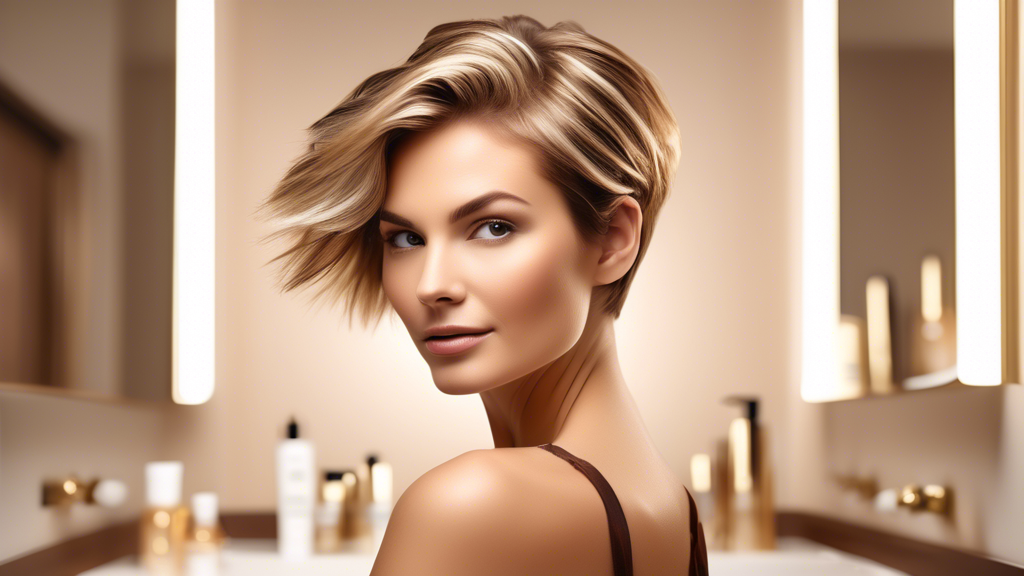 Create a high-resolution image of a stylish and modern woman with short brown hair featuring vibrant blonde foils. The image should illustrate her standing in a chic, well-lit bathroom while carefully applying a nourishing hair treatment. Surround her with premium hair care products specifically designed for maintaining colored hair, such as shampoos, conditioners, and leave-in treatments. The background should subtly emphasize a luxurious and clean environment, with neatly arranged shelves showcasing the hair care products.