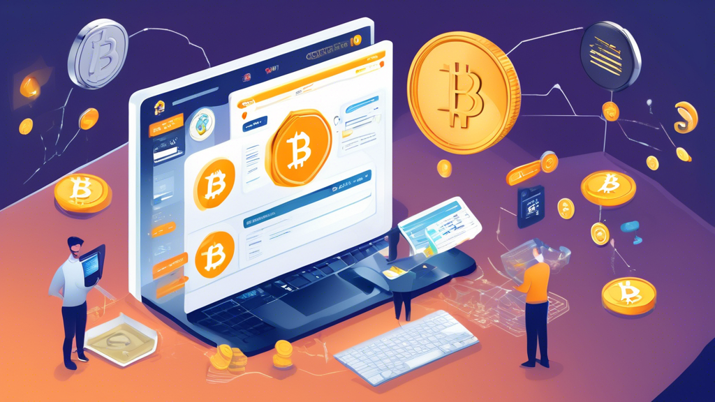 Create an image that illustrates the concept of selecting a trustworthy platform to buy crypto online. The scene should depict a user-friendly interface of a cryptocurrency exchange on a computer screen, showing features like security badges, low fees, and user reviews. In the background, include elements like digital currencies (Bitcoin, Ethereum, etc.), a checklist emphasizing key features to look for (security, fees, user support), and a person confidently navigating the platform. The overall tone should convey safety and ease of use in the realm of online crypto transactions.