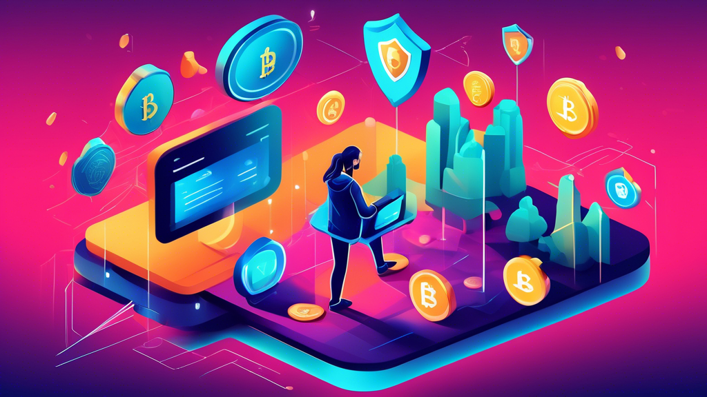 Create an image showcasing a modern digital landscape symbolizing secure cryptocurrency transactions. Incorporate elements such as a secure digital wallet, shield icons representing protection, and visual representations of cryptocurrencies like Bitcoin and Ethereum. Include a person confidently using a computer or mobile device, surrounded by digital safety icons like locks and encryption symbols. The colors should be vibrant and tech-inspired, emphasizing safety, security, and innovation in the realm of buying crypto online.