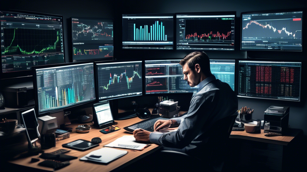 Create an image that depicts a trader at their desk, surrounded by various tools and resources for managing forex margin risk effectively with Interactive Brokers (IBKR). The environment should include a computer screen displaying IBKR trading platforms, a margin calculator, charts showing currency pairs, and a notebook with handwritten tips and best practices. Emphasize the trader’s focused and diligent demeanor, showcasing their active effort to maintain a healthy margin balance. The background should include elements like a financial news ticker and wall charts, reinforcing the theme of effective margin management.

Keyword: ibkr forex margin