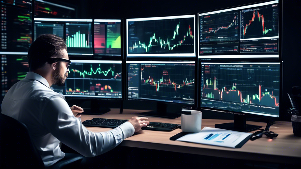 An analytical workspace showing a trader examining multiple screens displaying graphs, charts, and data reviews of top 10 forex signal providers. The trader is making notes and considering different factors like reliability, service type, and cost efficiency to choose the right forex signal provider for their trading needs. Include visible digital content relating to Forex market analysis and decision-making tips.