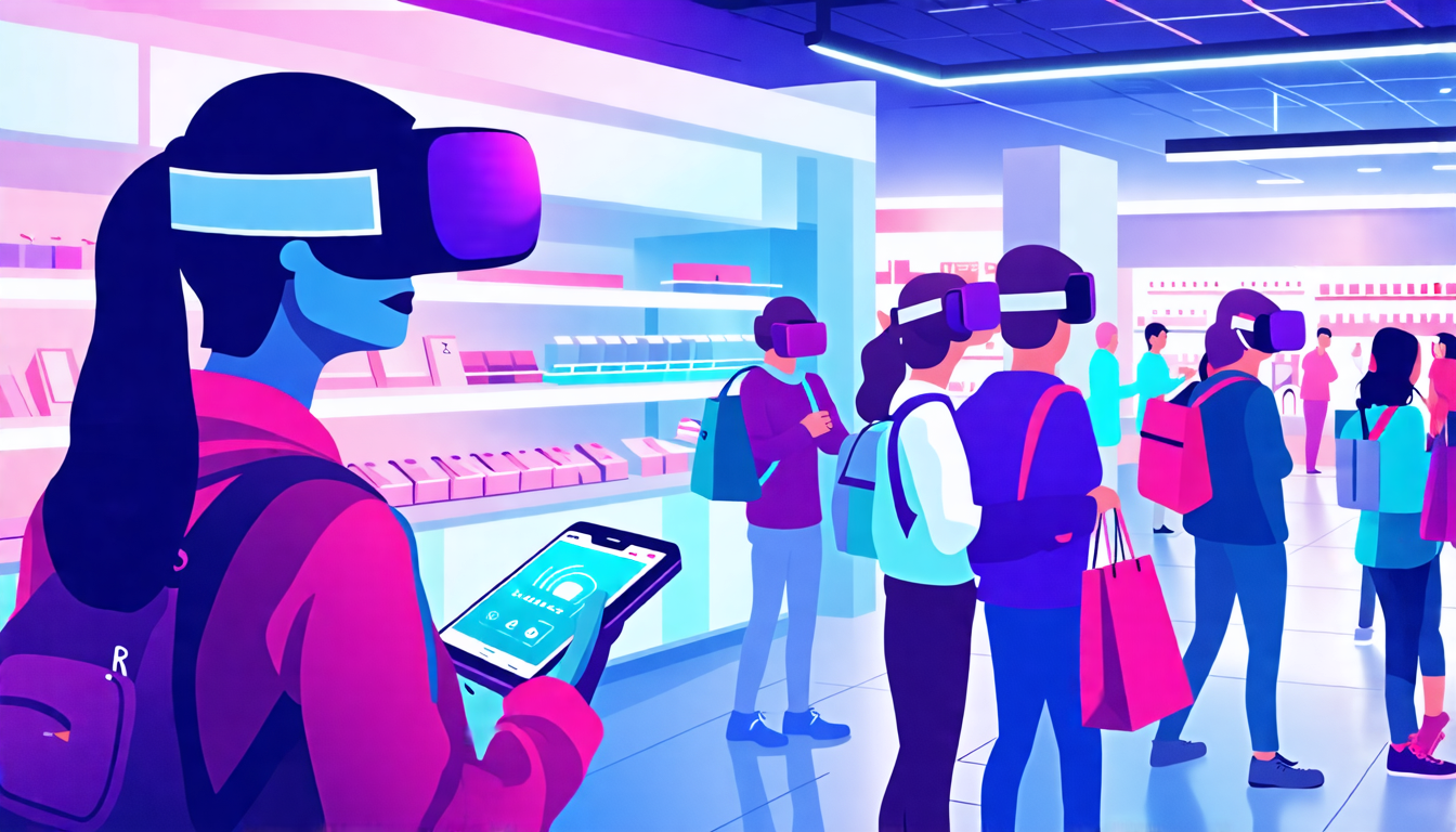 Create an image that showcases the impact of virtual reality on customer experience in marketing and sales. The scene should feature customers engaging with interactive VR headsets in a modern retail environment. Include a diverse demographic of users experiencing VR tours, trying out virtual products, and interacting with virtual sales assistants. Highlight the innovation and immersive aspects of VR technology, emphasizing how it enhances the shopping experience. Include elements like a branded VR kiosk and digital promotional materials, all set in a sleek, high-tech store layout.