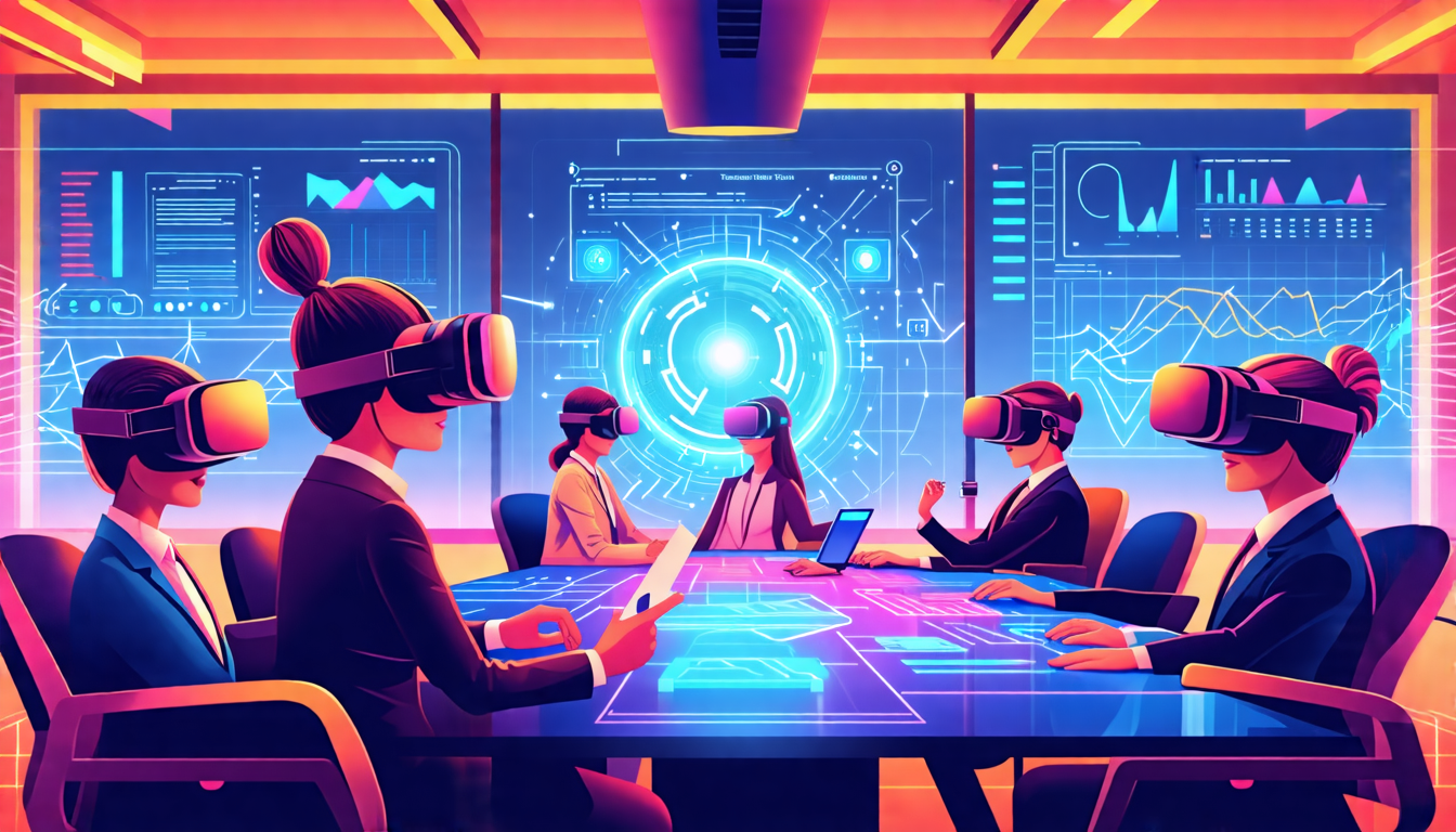 Create a highly detailed and futuristic illustration showcasing professionals using virtual reality headsets during a collaborative business meeting. Incorporate VR tools enhancing productivity and project management, such as holographic data visualizations and interactive dashboards. Highlight different industry applications where VR is optimizing operations. Emphasize a modern, high-tech office environment that reflects the transformative impact of virtual reality on business productivity and collaboration.
