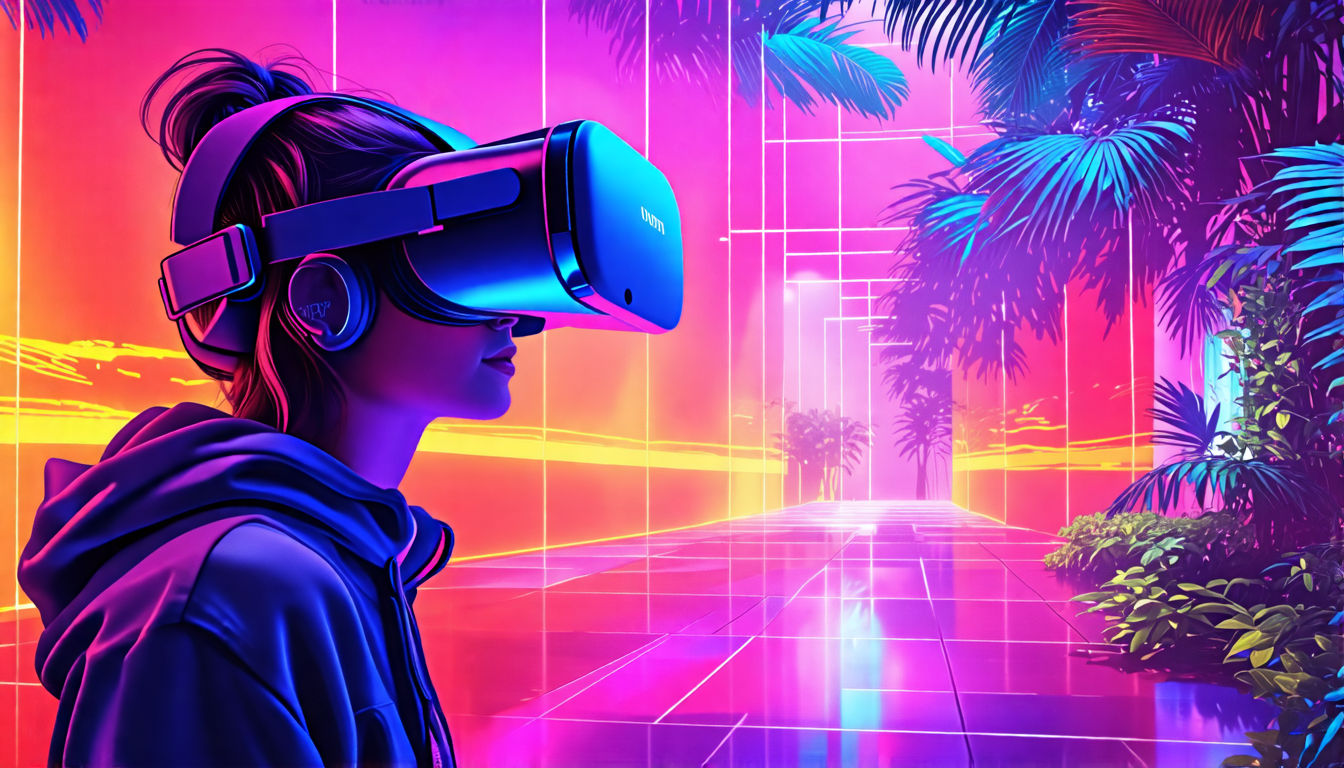 Create an image depicting a person wearing a state-of-the-art VR headset immersed in an ultra-realistic, adult-themed virtual environment. The scene should capture the transformative effects and immersive nature of adult virtual reality, highlighting the advanced technology and sensory experience. Use vibrant colors and detailed graphics to convey the heightened realism and engaging atmosphere.