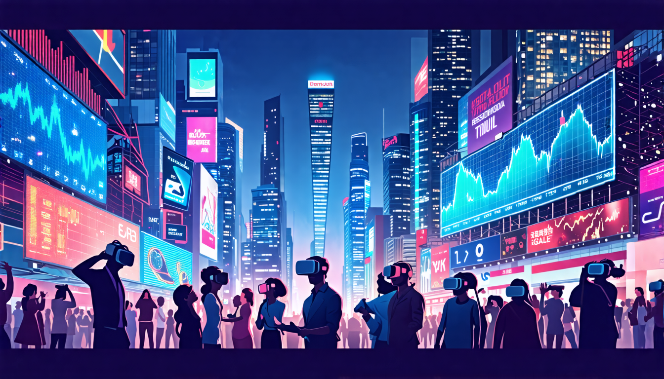 Create an image that captures the economic and social implications of adult virtual reality in the entertainment industry. Depict a bustling cityscape with prominent billboards showcasing virtual reality headsets. Integrate elements like a modern digital stock market ticker showing a spike in VR-related stocks, and diverse groups of people engaged in discussions or using VR devices in various settings. The image should blend economic growth symbols with societal engagement to reflect both potential and challenges of adult VR in entertainment.