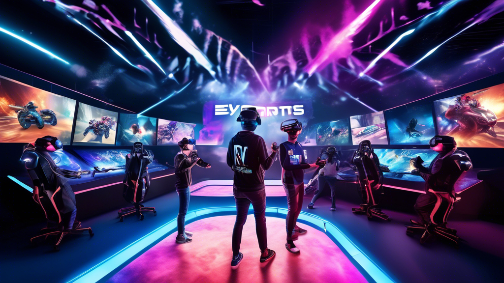Create an image that captures the explosive growth of VR esports, featuring a vibrant electronic sports arena with a diverse group of enthusiastic players and fans. Highlight the advanced VR technology with players using state-of-the-art VR headsets and controllers, immersed in intense competition. Include dynamic elements such as e-sport tournament banners and holographic displays showcasing real-time statistics and market trends. Emphasize the sense of community and engagement among the participants, showcasing a diverse group of fans cheering and interacting with each other. This image should illustrate the pulsating energy and expanding market of VR esports.