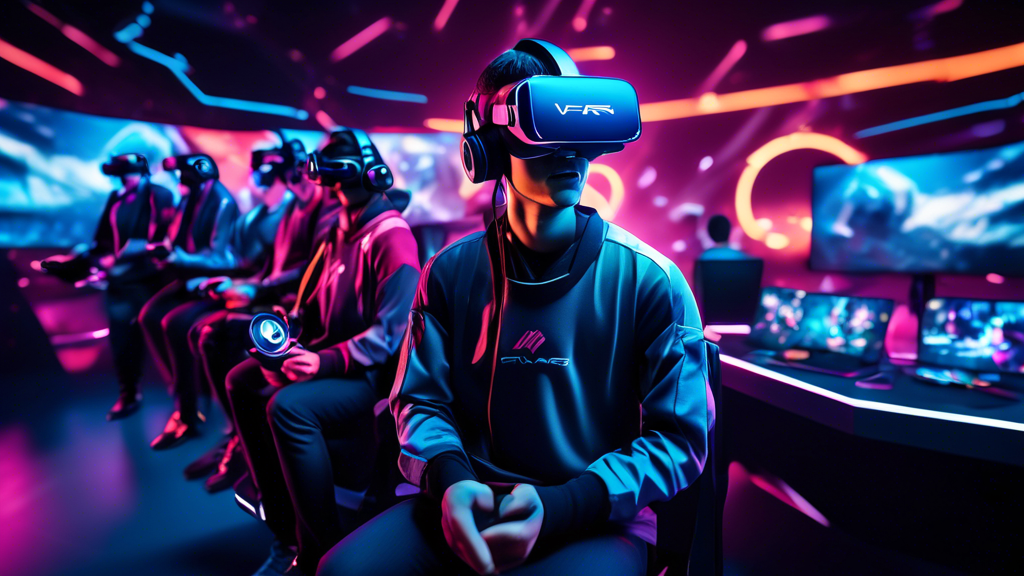 Create an image that depicts the future of VR esports by showcasing a vibrant, futuristic esports stadium filled with an enthusiastic, diverse crowd. The setting should include advanced VR equipment and technology, with players wearing sleek VR headsets and haptic suits, actively immersed in virtual competitions. Highlight the challenges as well by incorporating subtle elements such as a backstage view showing technical hurdles being addressed, and financial graphs on screens depicting the industry