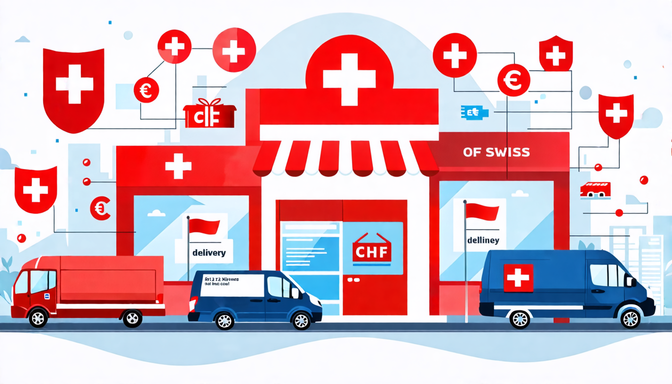 Create an image that depicts a bustling online shop for the Swiss market. Show a vibrant, digital storefront with icons and symbols representing various logistics and payment methods. Include sleek delivery vans with Swiss flags, and a secure payment gateway displaying multiple currencies like CHF, EUR, and USD. Additionally, showcase friendly customer support staff and easy, hassle-free return processes with Swiss branding, all within a sleek, modern interface.