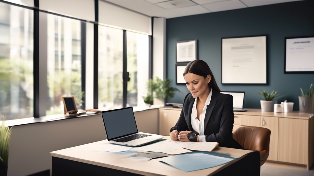Create an image that captures a prospective client reviewing different personal injury lawyers. Depict a modern office setting with the prospective client browsing through a laptop showcasing lawyer profiles, including star ratings, client reviews, and case success rates. On the desk, include a few legal documents, coffee, and a brochure on How to Choose the Right Personal Injury Lawyer. Ensure the overall scene conveys the importance of experience, client reviews, and fee structures when selecting the best lawyer for personal injury cases.