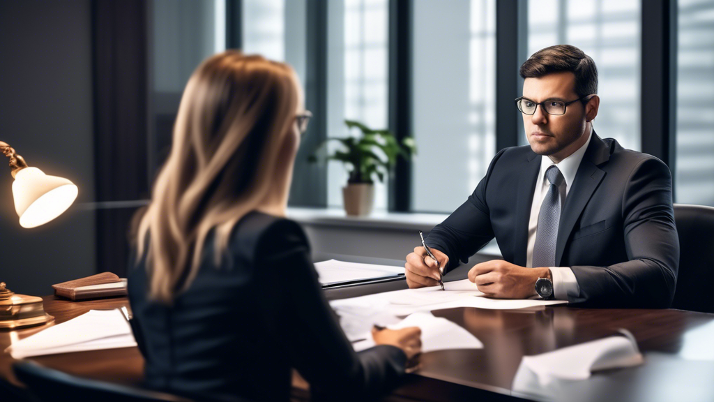 Create an image depicting a prospective client in a modern, professional law office setting. The client is having an initial consultation with a personal injury lawyer. The lawyer is sitting at a desk, attentively listening, while the client is holding a notepad with a list of prepared questions. Both individuals appear engaged and the environment is neat and organized, reflecting professionalism. The scene should emphasize the importance of communication and professionalism in the client-lawyer relationship.