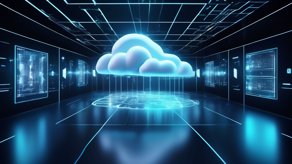 Create an image depicting futuristic technological advancements in cloud platforms. Showcase a high-tech data center with holograms, AI visuals, and interconnected cloud nodes. Highlight elements like edge computing, multi-cloud frameworks, and advanced security protocols with glowing, high-tech interfaces and sleek design. Integrate visuals that symbolize trends and technologies such as artificial intelligence and compliance standards in a modern, innovative style.