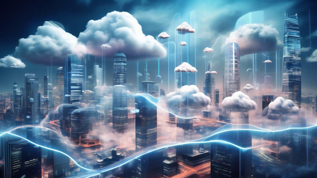 Create a futuristic scene depicting the evolution and future utility of cloud platforms. Include visionary elements like AI-driven interfaces, holographic displays, and innovative applications of cloud technology in healthcare, finance, and education. Showcase a digitally transformed world where cloud platforms are central to operations, with a sleek, high-tech cityscape in the background to emphasize progress and innovation.