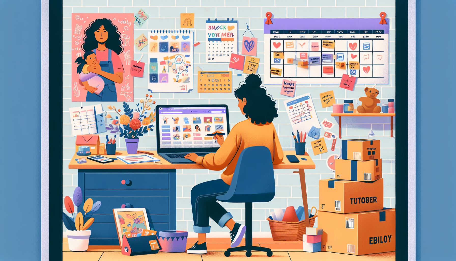 Create an image showcasing a cozy home office setting where a stay-at-home mom is engaging in diverse side hustles. Visualize various elements like a laptop with a blog on the screen, a calendar showing scheduled tutoring sessions, packages ready for e-commerce shipping, and notes pinned up for a virtual assistant task. The background features a cheerful ambiance with children