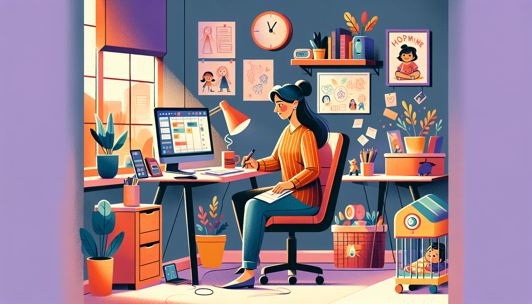 An image depicting a multitasking stay-at-home mom in a comfortable but organized home office setting. She is seated at a desk with a computer, engaging in a side hustle project, while using a planner to manage her time. Around her, there are subtle signs of parenting, like children