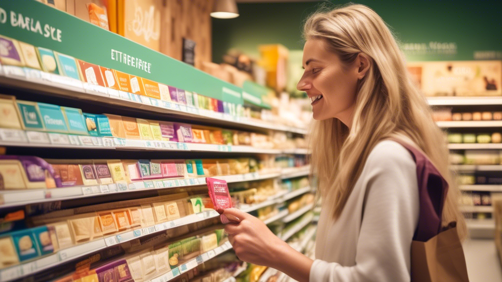 DALL-E: Create an image of a well-lit supermarket shelf stocked with various brands of luxurious vegan white chocolate bars, each with distinct and colorful packaging, displaying labels such as 