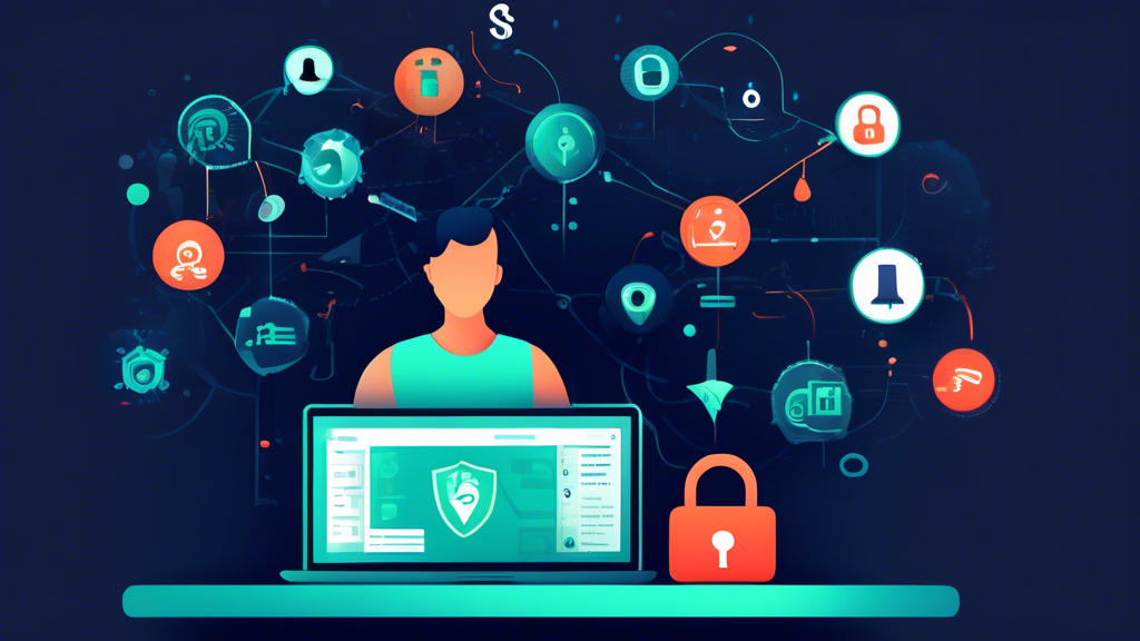 Create an image displaying the concept of strong encryption and VPN services for online privacy. Show a person sitting at a computer, with symbols of locks and encrypted codes surrounding the screen, suggesting secure and encrypted connections. Include identifiable logos of popular VPN services like NordVPN, ExpressVPN, and ProtonVPN in a subtle, non-intrusive way. The background should have a global network with digital lines connecting different points to symbolize data protection and global security. Use a blend of dark and light colors to emphasize the theme of security and privacy.