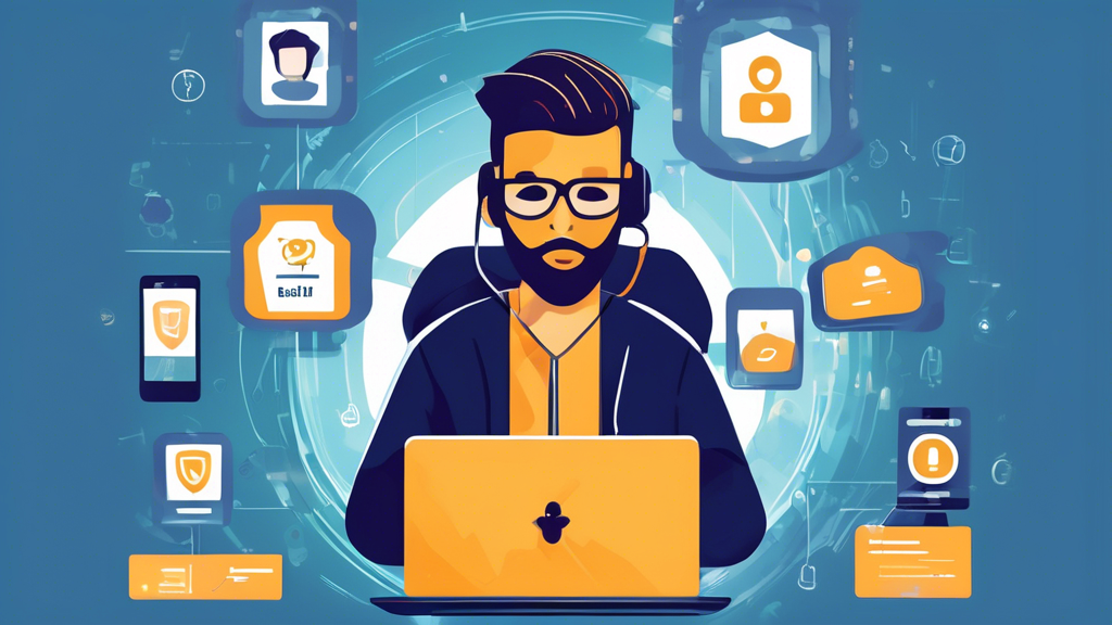 Create an image illustrating safe online habits for the best privacy online. Depict a person at a computer using a password manager and setting up two-factor authentication on their devices. Show awareness of phishing and scams by including warning signs like suspicious emails and pop-up alerts. Emphasize a secure and focused environment around the character, symbolizing their commitment to maintaining online privacy.