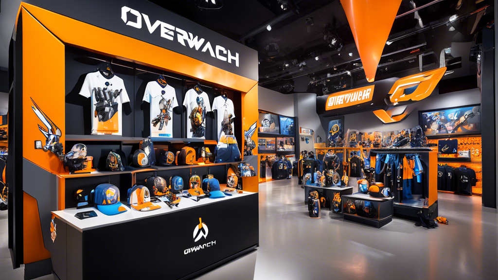 Create an image showcasing the excitement and allure of limited edition merchandise available at the Overwatch League Store. Visualize a bustling, modern store with sleek displays of exclusive Overwatch gear like rare jerseys, uniquely designed apparel, special edition action figures, and collectible accessories. The scene includes enthusiastic fans examining and purchasing items, with a few holding up their newly acquired treasures with joy. Add tasteful signage indicating Limited Edition and Exclusive to highlight the rarity of the merchandise. The overall vibe should radiate excitement, fandom, and the thrill of acquiring must-have Overwatch gear.