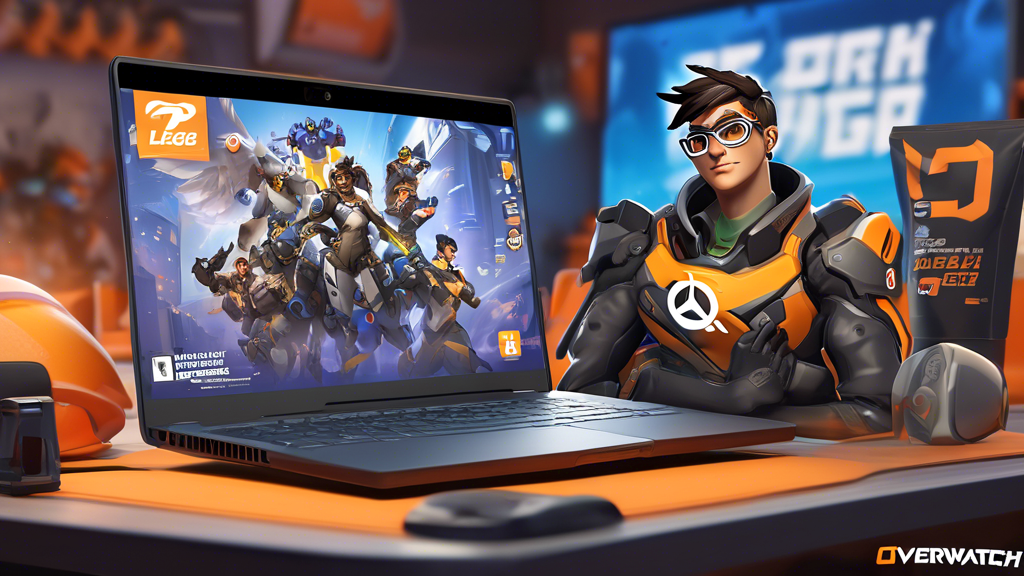 Create a digital illustration showcasing a dedicated Overwatch fan eagerly following the latest updates on their laptop, surrounded by Overwatch League merchandise. The laptop screen should display an Overwatch League newsletter and social media feeds with announcements. Include visual elements such as notifications, new gear teasers, and special deal highlights. The room should have a cozy atmosphere, filled with Overwatch-themed posters and collectibles to emphasize the fan’s passion.