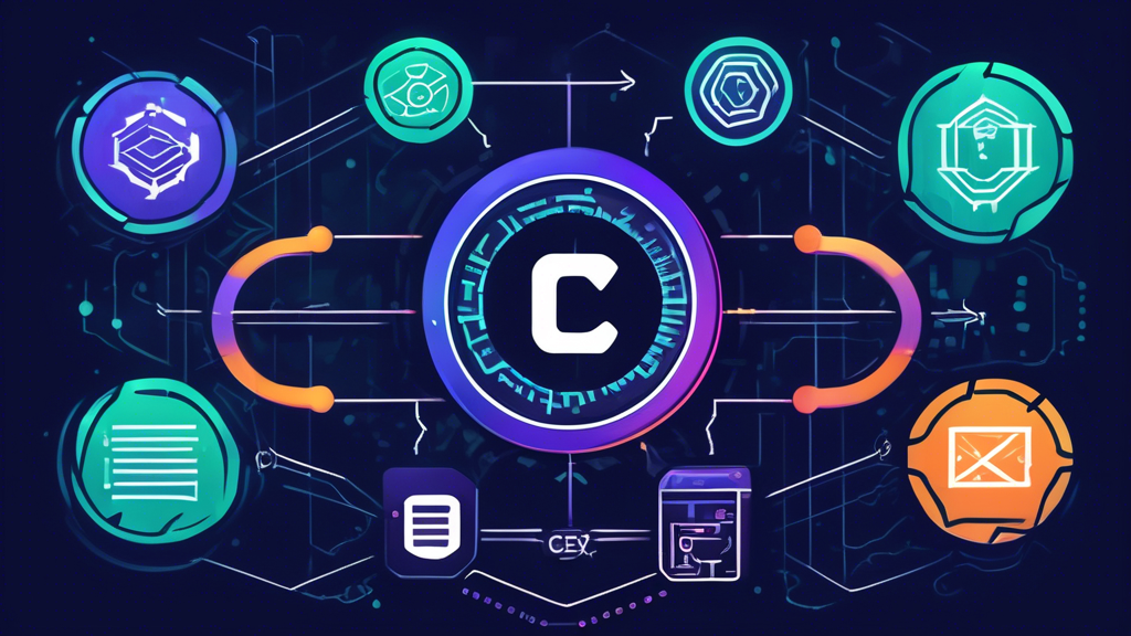 Create an image that depicts the inner workings of a centralized crypto exchange (CEX Crypto). The image should show a user registering and verifying their account through a secure platform, buying and selling cryptocurrencies via a user-friendly interface, and a strong representation of security measures protecting their assets. The scene should include technical elements like encryption, digital wallets, and blockchain representations. Ensure the setting looks modern and professional, emphasizing safety and efficiency.