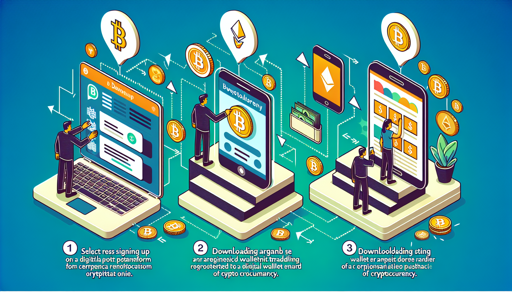 Prompt for DALL-E: A step-by-step visual guide on how to start trading cryptocurrencies online. The image should depict a sequence of three main steps: 1) Choosing and registering on a cryptocurrency exchange, 2) Installing and setting up a cryptocurrency wallet, and 3) Buying the first cryptocurrency with an illustration of popular methods and strategies. The scene should include elements like a laptop with a crypto exchange webpage, a smartphone with a crypto wallet app interface, and icons of popular cryptocurrencies such as Bitcoin and Ethereum. The style should be modern and informative, with clear and simple visuals suitable for beginners.
