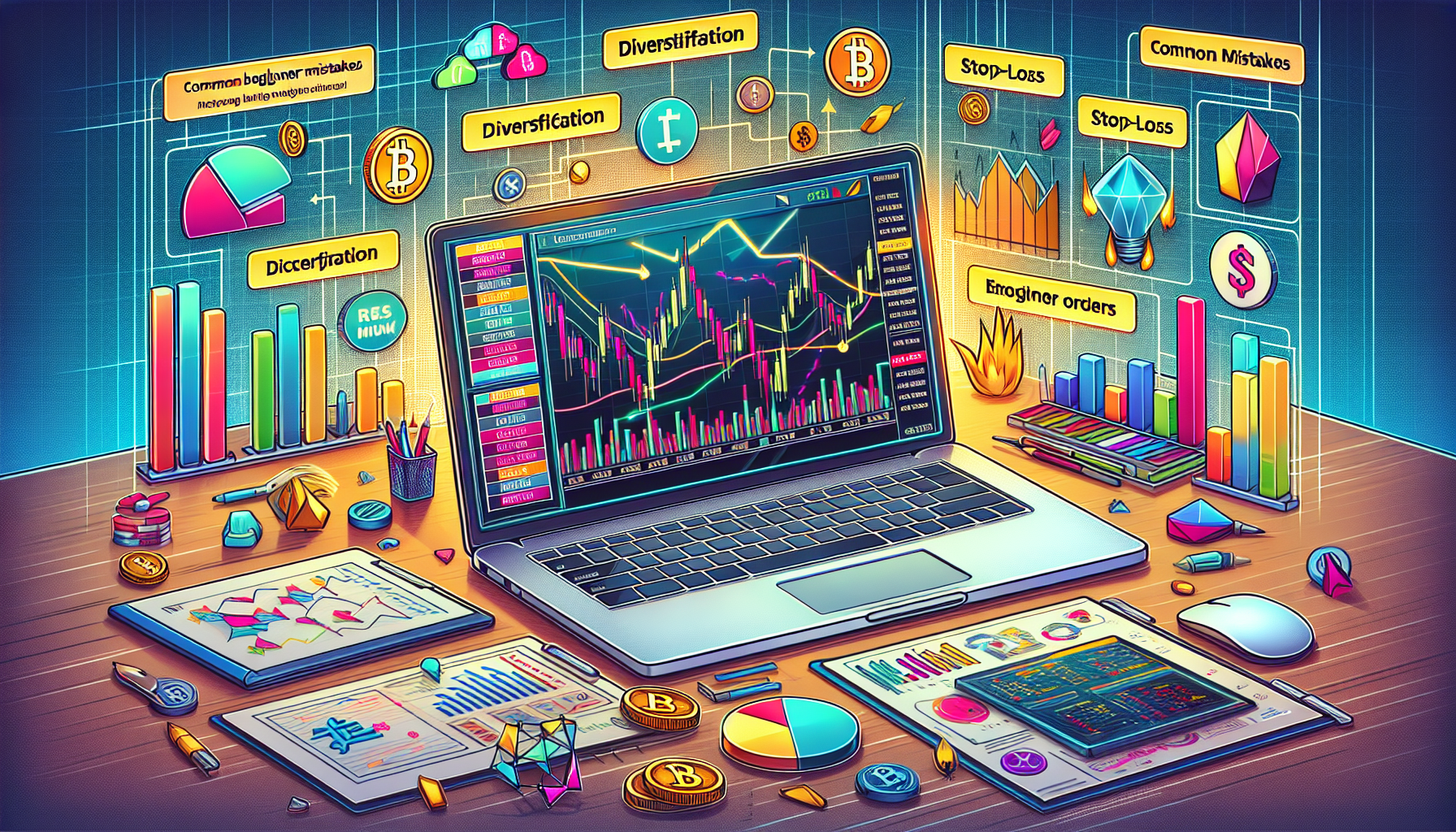 DALL-E prompt: A detailed and informative digital illustration depicting key strategies for successful online crypto trading. The image features a laptop displaying a vibrant, interactive cryptocurrency market chart with tools for analyzing market trends. Surrounding the laptop are icons symbolizing risk management tactics such as 