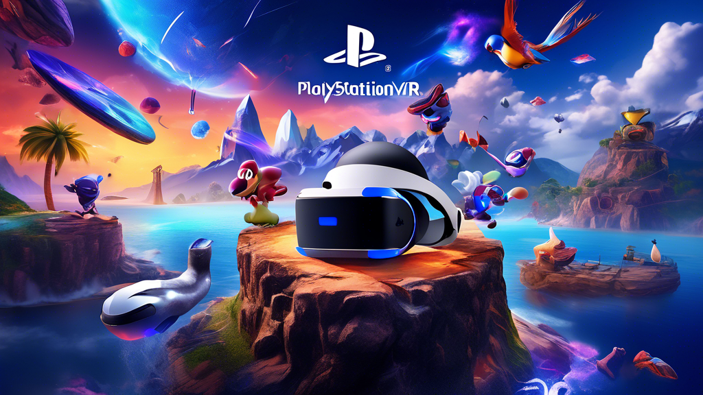 Create a vibrant digital illustration showcasing the PlayStation VR2 (PSVR2) headset prominently in the foreground. Surrounding the headset, feature an array of exclusive game titles with their iconic characters and stunning landscapes. Incorporate elements and logos of major gaming developers partnered with Sony, creating a visually engaging backdrop that captures the essence of unique, immersive gaming experiences available only on PSVR2. Highlight the synergy between the headset and these exclusive games, illustrating the unparalleled virtual adventures waiting for players. #psvr2 #sony