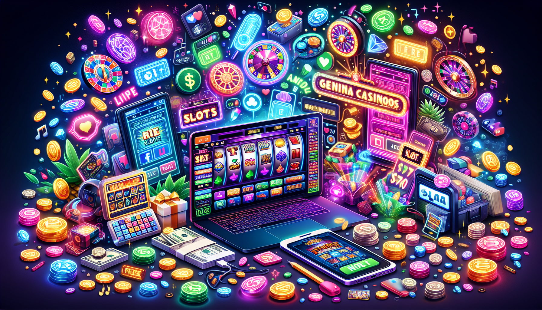 Create an image showing a colorful and dynamic collage of various top platforms for accessing free slot games, including popular online casinos, mobile apps, and social media channels like Facebook. The image should feature recognizably branded icons or logos of well-known platforms, a mobile phone displaying slot reels, and a laptop showing an online casino interface, all surrounded by slots-themed elements such as spinning reels, coins, and vibrant slot symbols. Make sure the overall vibe is engaging, fun, and inviting.