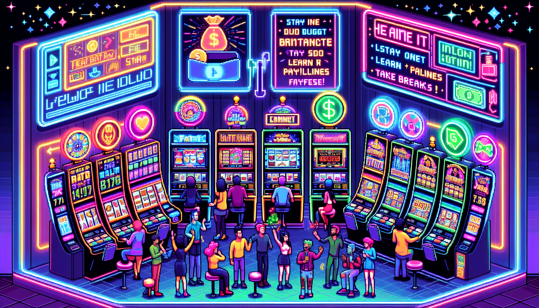 Create an image of a vibrant casino setting with slot machines featuring glowing screens and animated graphics. The foreground shows a group of people of different ages excitedly playing the machines, with some of them celebrating small wins. Above them, a digital banner reads Maximize Your Free Slot Games Experience! Nearby, a bulletin board displays tips and advice, such as Stay Within Budget, Learn Paylines, and Take Breaks. In the background, futuristic holograms hint at upcoming trends in slot games, like virtual reality slots and interactive themes. The entire scene radiates energy and enjoyment, encapsulating the joy and potential of free slot games.