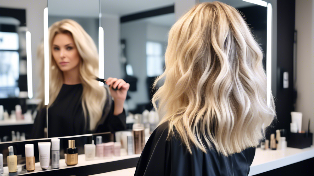 A medium-haired woman with beautifully applied blonde foils standing in front of a modern salon mirror. She is mid-action, enhancing her hair