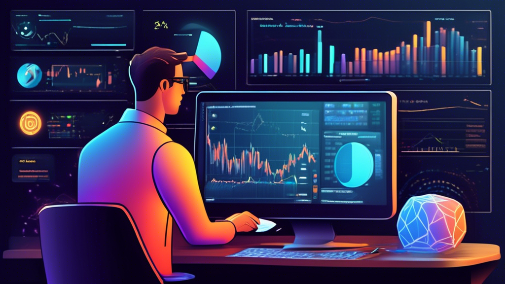 Create an educational and visually engaging illustration depicting a beginner trader at their computer, analyzing charts and graphs related to crypto demo trading. The scene should include a digital trading interface with various cryptocurrency symbols, a notepad with a written trading plan, and visual elements representing common trading strategies like candlestick patterns and moving averages. Additionally, incorporate subtle elements that symbolize the transition from demo to live trading, such as a 
