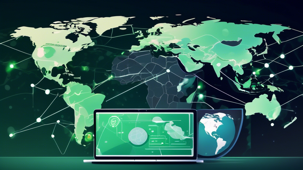 Generate an image of a user enjoying high-speed internet on their laptop, connecting to various countries using ProtonVPN Free. The backdrop includes a digitally-rendered global map highlighting different server locations. The laptop screen displays a ProtonVPN interface with a clear focus on the connectivity and performance features. The overall atmosphere is modern and tech-savvy, with an emphasis on speed and unrestricted access.