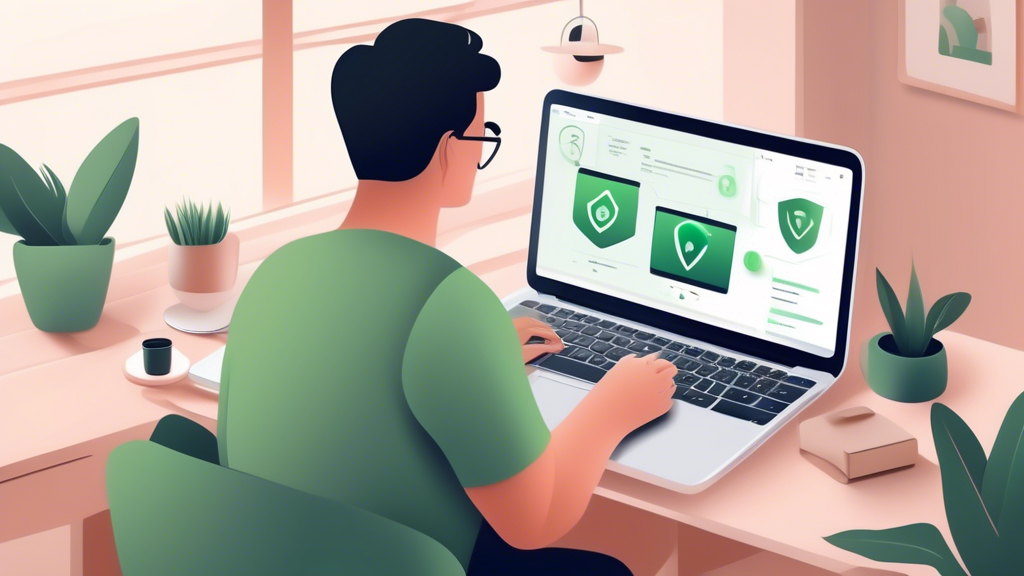 A detailed, step-by-step illustration of a user setting up ProtonVPN Free on a laptop, accompanied by comparison charts with other free VPN services and highlighted tips and tricks. The setting is a cozy, modern home office, with a clear focus on simplicity and user-friendliness. ProtonVPN branding should be subtly visible on the laptop screen.