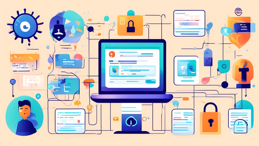 Create an illustration showing best practices for maintaining online privacy while using KProxy Unblocked. Include icons representing encrypted data transmission, a checklist for securing personal information, warning signs for potential risks, and complementary tools like antivirus software and VPNs. Use a modern, tech-focused design with a color scheme that suggests security and privacy.