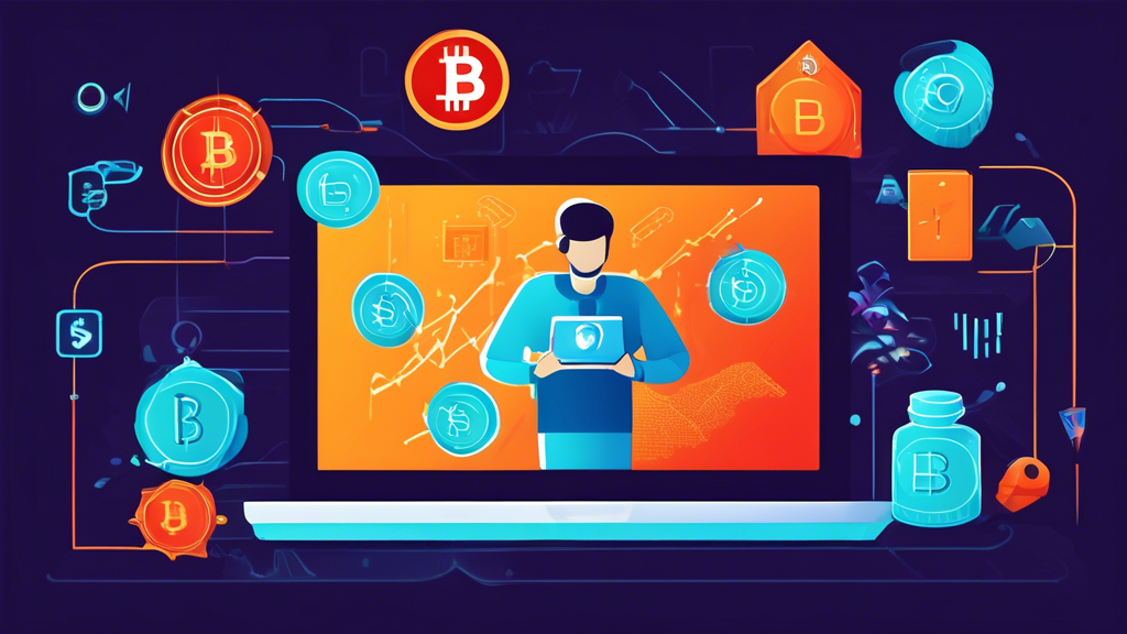 Create an image that illustrates tips and best practices for safely buying digital currency. The scene should include a person conducting thorough research on a laptop, protecting personal information by locking a secure vault, and avoiding scams signified by red warning signs. Elements like market trend graphs, security icons, and popular digital currencies such as Bitcoin and Ethereum should be subtly integrated. The overall tone should be informative and emphasize safety.