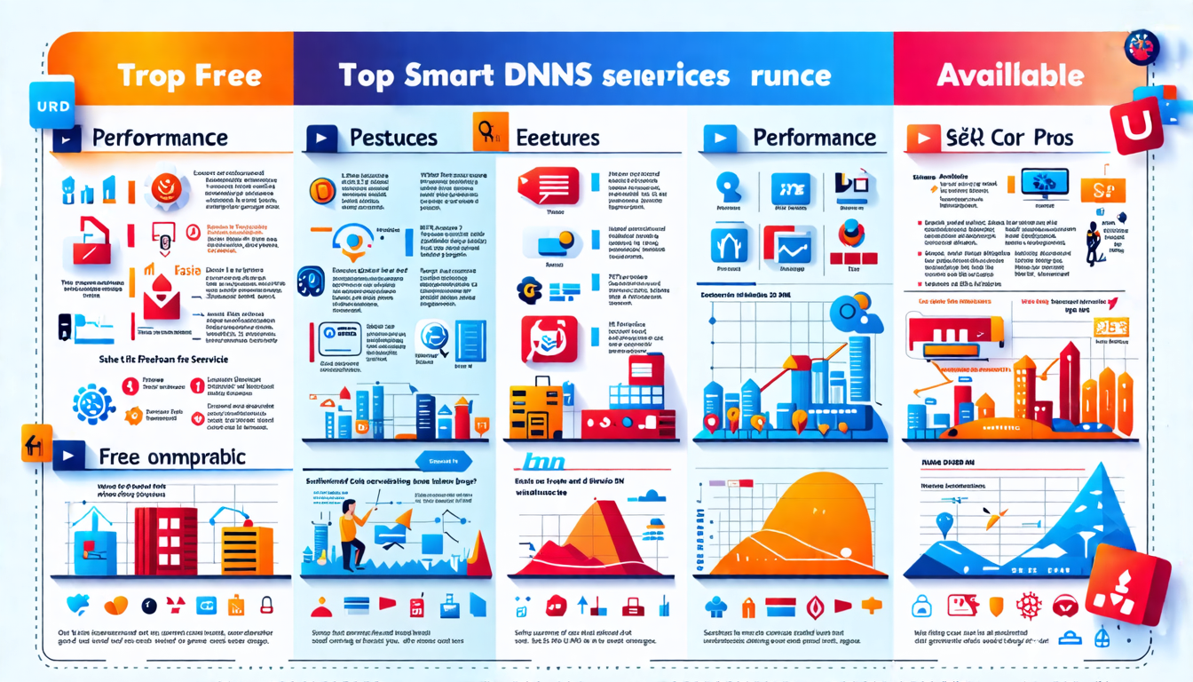 Create an image depicting a detailed, comparative chart showcasing the top free Smart DNS services available. The chart should highlight features, performance, and pros and cons for each service. Include icons or symbols for each service provider and infographic elements for easy readability.