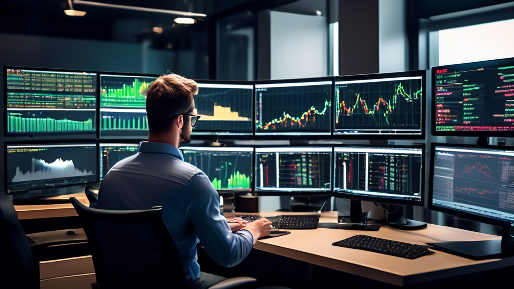 An analytical workspace where a seasoned trader reviews different forex signal software interfaces on multiple computer screens, highlighting their performance metrics, user reviews, and cost comparisons, with visible graphs and data analysis tools in a modern, well-lit office setting.