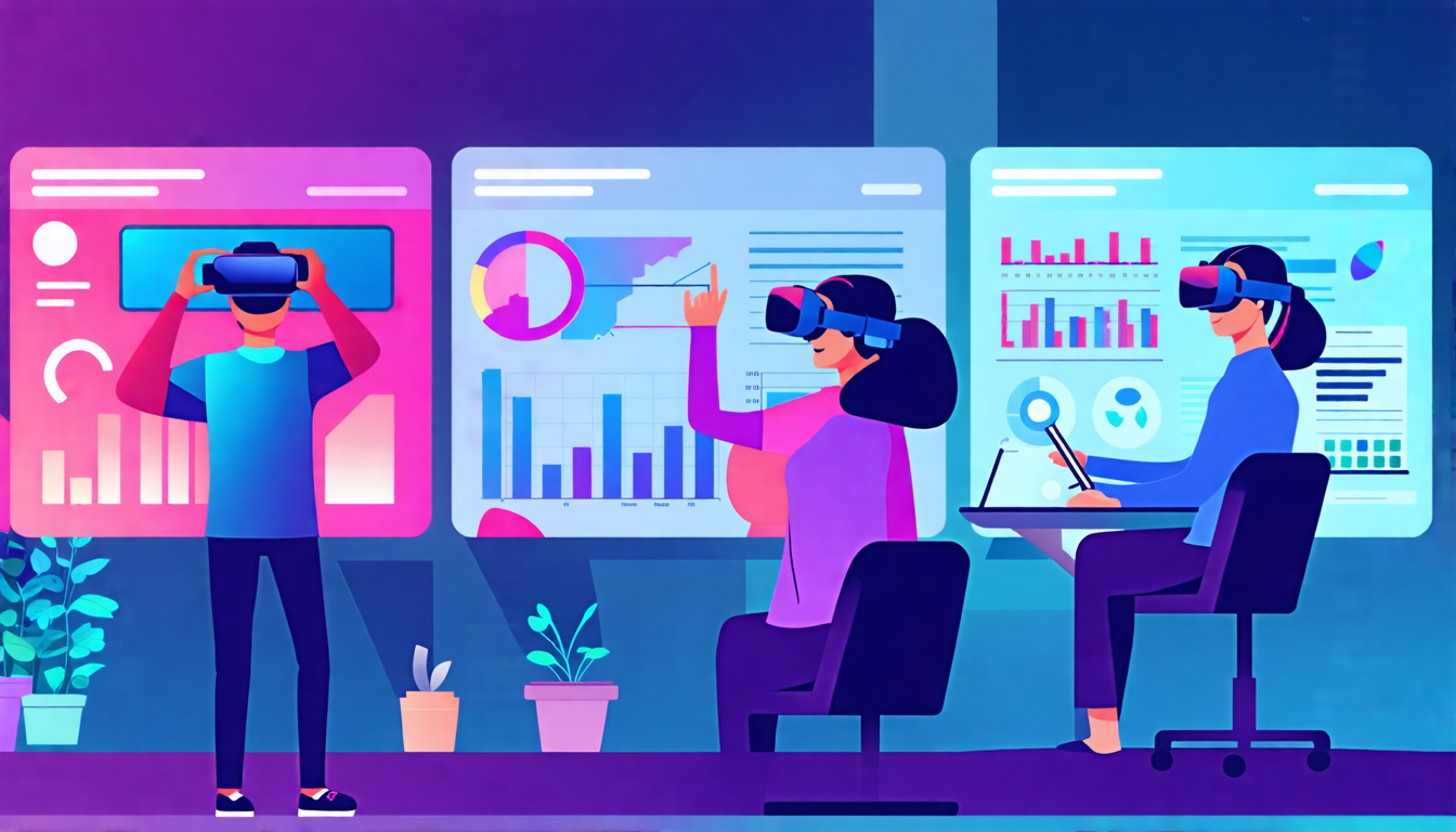 Create an image that illustrates the benefits of implementing VR in business operations. The scene should depict a modern office setting where employees are using VR headsets for different tasks: one employee conducting a virtual product presentation, another participating in a virtual training session, and a third exploring an immersive customer experience scenario. The backdrop should include digital screens displaying data visualizations and charts, hinting at cost-effective and streamlined processes enabled by VR. Caption: Revolutionizing Business Operations with VR: Enhanced Experiences, Streamlined Training, and Cost-Efficient Prototyping.