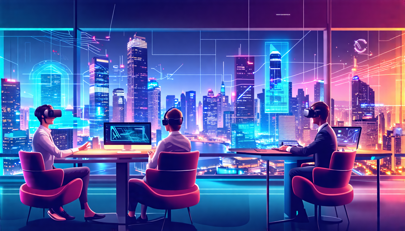Create an image depicting the future of business driven by VR technology. The scene includes advanced virtual environments where professionals from diverse industries collaborate using VR headsets and holographic displays. Highlight emerging trends such as virtual offices, remote workspaces, and immersive customer interactions. Show futuristic cityscapes with VR-integrated storefronts and experts discussing innovative VR strategies, reinforcing the transformative impact on global commerce