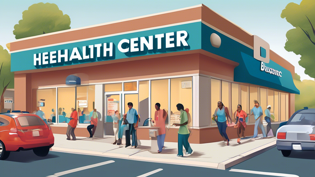A bustling community health center and an urgent care clinic with professional signage offering affordable DOT physical exams, set in a friendly, approachable neighborhood environment. The image should depict a diverse group of drivers and patients using online resources on their phones and computers to locate these services. There should be visual elements suggesting insurance and payment assistance options, such as signs or brochures, indicating support in reducing costs. Emphasize a welcoming atmosphere with healthcare providers ready to assist.
