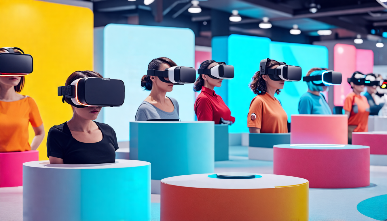 Create an image featuring the top-rated virtual reality goggles for adults in 2023. The scene should display a sleek and modern tech showroom with various VR goggle models showcased on pedestals with descriptive labels. Each model should highlight key features such as price, performance, and user experience. Include a diverse range of adults interacting with the VR goggles in different ways: one person playing a game, another immersed in a cinematic experience, and another exploring a virtual tour.