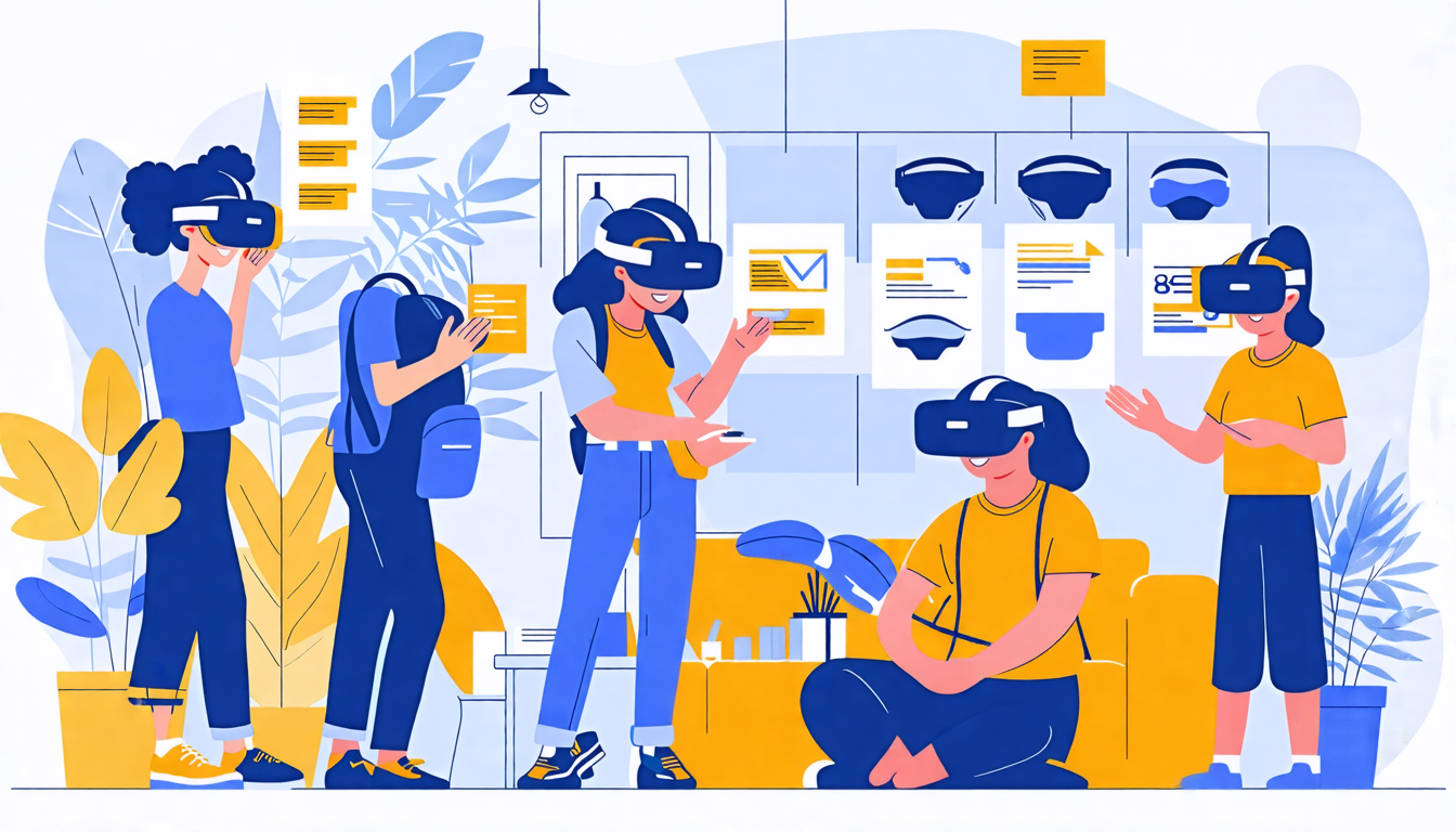 Create an image that illustrates the key elements to consider when choosing the right virtual reality goggles for adults. The scene should include a diverse group of adults examining VR goggles, with detailed labels pointing out important factors such as compatibility, comfort, and additional features. Include visual elements that depict tips on setting up and maintaining the goggles, such as cleaning tools and instructional manuals. The background should be a well-lit tech store or a modern living room, emphasizing a practical and informative setting.