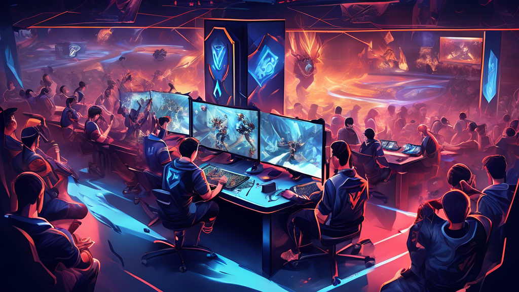 Create an image depicting the rigorous preparation for the LOL World Championship. Show top esports players engaged in intense training sessions, strategizing around a gaming setup with their coaches, and participating in private scrimmage matches. Include elements such as whiteboards with game strategies, detailed maps, and high-end gaming equipment. Add an atmosphere of focused determination and teamwork.