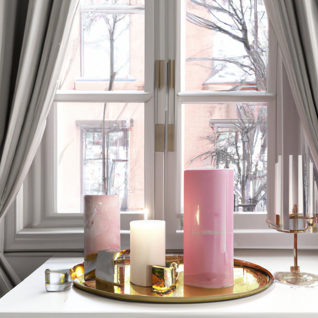 A cozy living room scene showcasing a variety of window candles with timers in different styles and designs. The candles are placed on window sills, emitting a soft, warm glow that enhances the room’s ambiance. Some candles feature classic, vintage looks while others boast modern, minimalist designs. The backdrop includes a well-decorated interior with elegant furniture, emphasizing how these stylish window candles can complement various home decor themes.