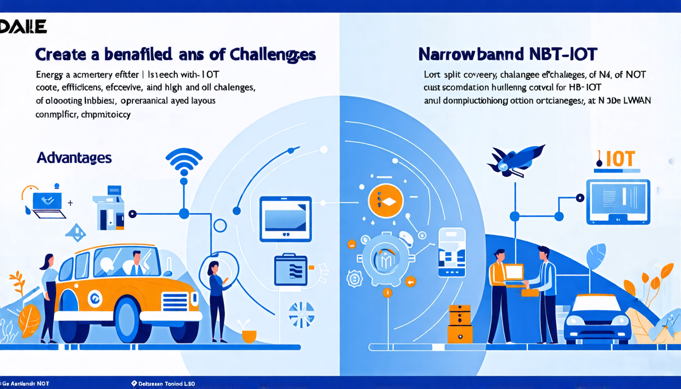 **DALL-E Prompt:**

Create a detailed and informative image that highlights both the benefits and challenges of Narrowband IoT (NB-IoT). The image should include visual elements such as:

- A split screen or divided layout showing 