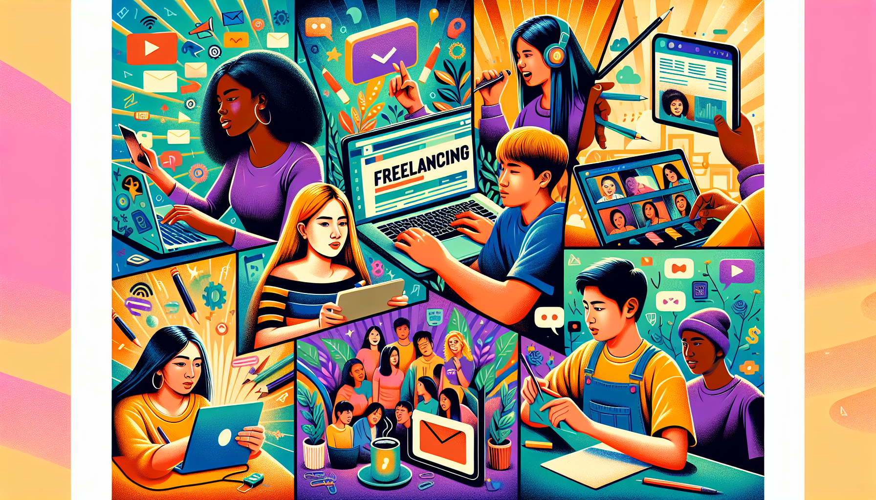 Create a vibrant digital collage showcasing various online side hustles for teens. Include elements such as a teen writing on a laptop for freelancing, another creating a digital graphic for graphic design, an e-commerce platform with a teen managing their online store, a scenario of online tutoring with a teen helping another student via video call, a YouTube video production setup, a snapshot of a teen conducting a survey on a tablet, and an illustration of social media influencing. The backdrop should be lively and colorful, reflecting the energy and potential of these online opportunities.